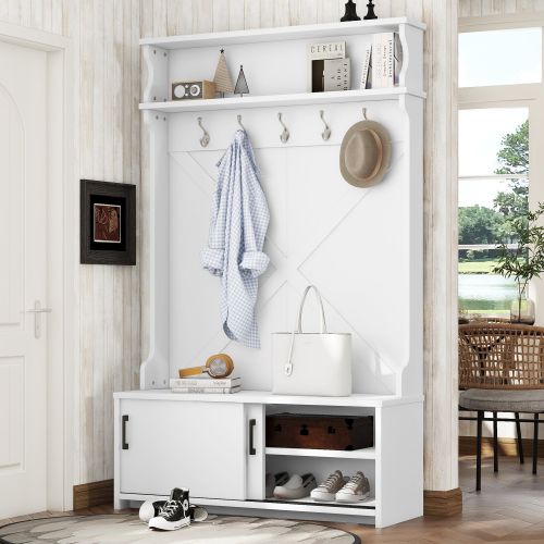 Hall Tree with Top Shelf and Storage Bench, Hallway Shoe Cabinet with Sliding Doors, Coat Rack with 5 Hanging Hooks for Entryways Hallways,White Hall Tree with Top Shelf and Storage Bench, Hallway Shoe Cabinet with Sliding Doors, Coat Rack with 5 Hanging Hooks for Entryways Hallways,White