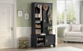 ON-TREND Multifunctional Hall Tree with Sliding Doors, Wooden Hallway Shoe Cabinet with Storage Bench and Shelves