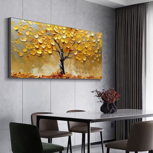 Abstract Golden Tree Oil Painting On Canvas Large Original Gold Yellow Tree of Life Texture Wall Art Custom Modern Living Room Home Decor
