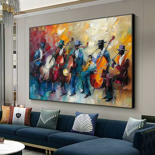 Abstract Jazz Music Oil Painting on Canvas Large Wall Art Original Black Jazz Club Art Custom Painting Modern Living Room Home Decor Gift