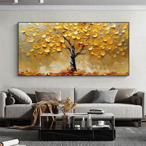 Abstract Golden Tree Oil Painting On Canvas Large Original Gold Yellow Tree of Life Texture Wall Art Custom Modern Living Room Home Decor